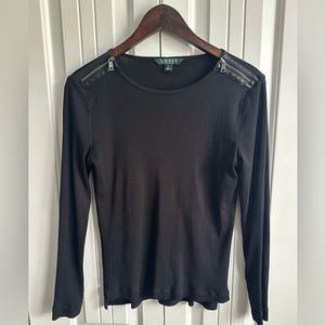 Ralph Lauren Black Ribbed Long Sleeve Top with Zippers on Shoulders Size M